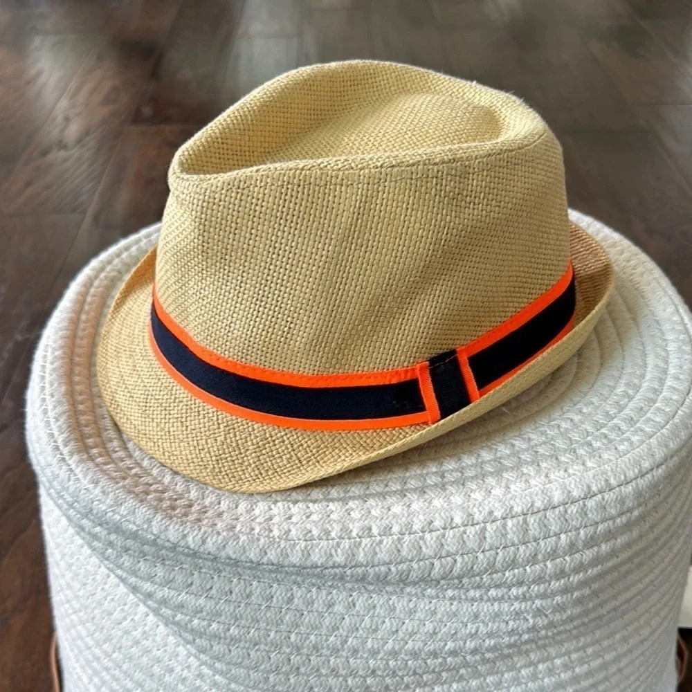Tan Fedora Hat with Orange and Navy Band